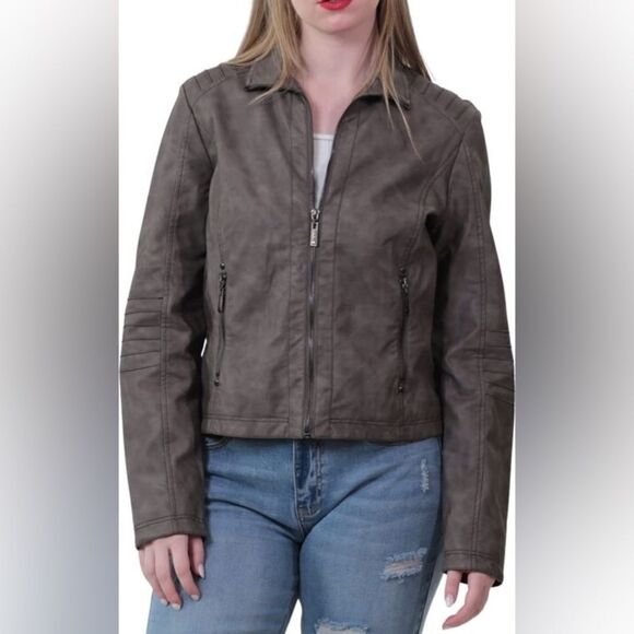 Jou Jou Juniors Faux-Leather Jacket Portobello Gray Medium New - Picture 1 of 9